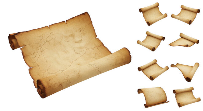 antique parchment scrolls on white paper documents displayed for historical design or decorative purposes