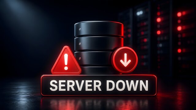 Glowing red server down warning sign with database cylinder and alert triangle standing in a dark data center room.