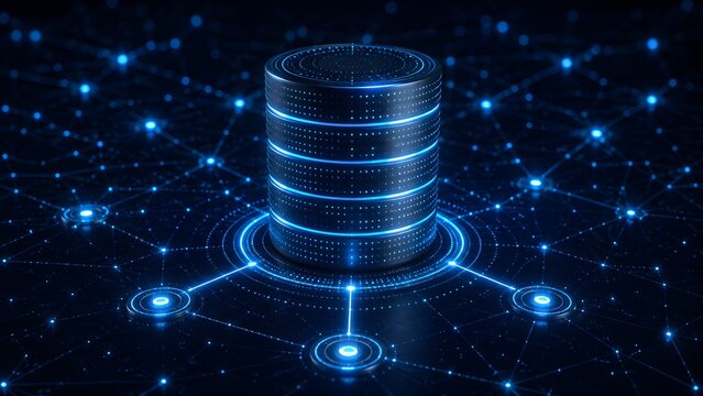 Glowing digital server stack connected to network grid on a dark background, representing enterprise data management and web hosting infrastructure