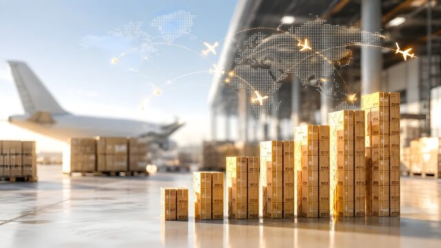 Cardboard boxes stacked as a rising financial bar chart next to an airplane with a digital global flight network representing international cargo logistics