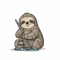 Obraz premium Illustration depicts a stylized robot sloth character sitting on the ground, contentedly mopping a small puddle of water with a broom, showcasing a metallic, riveted body texture on a plain.