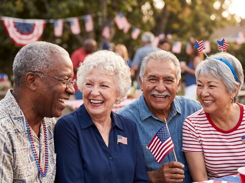 Senior friends celebrating Independence Day with American flags