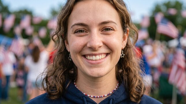 Young professional woman smiling confidently at camera during outdoor corporate event