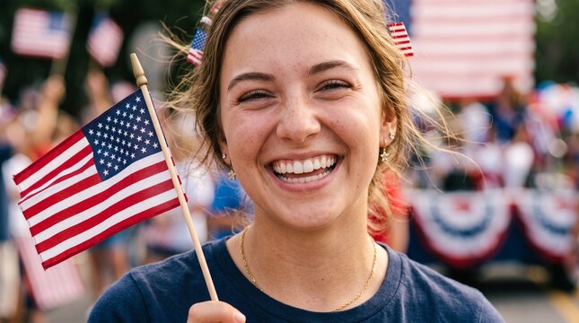 Happy young woman smiling at camera holding American flag outdoors