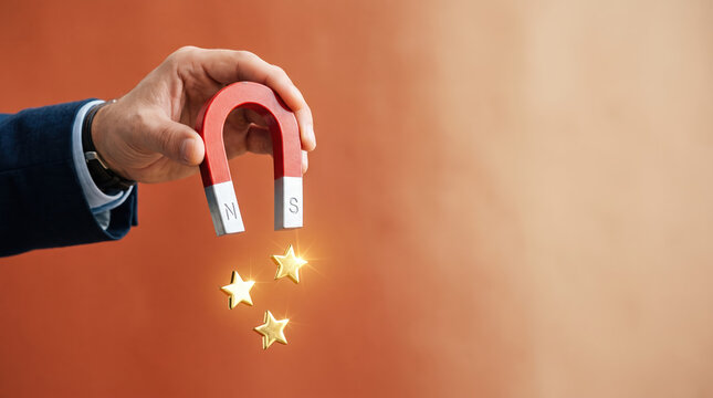 Businessman holding horseshoe magnet attracting glowing gold stars on orange background with attraction business marketing customer strategy branding opportunity positive influence
