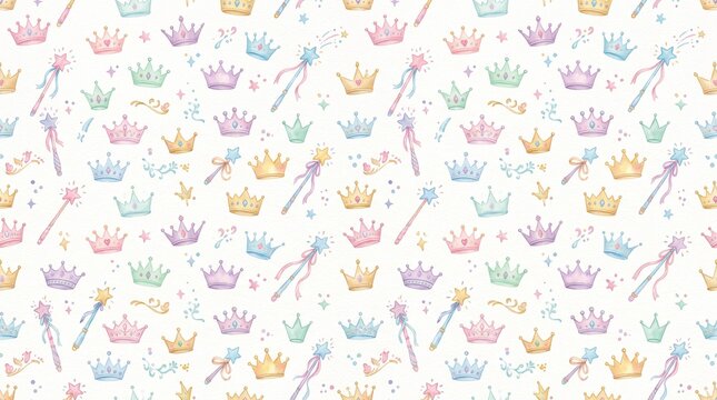Watercolor Princess Seamless Pattern with Crowns and Magic Wands