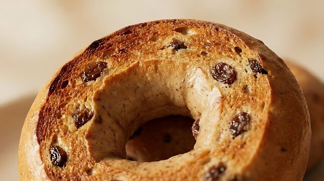 A close-up shot showing the toasted texture and plump raisins of a delicious sinnamon raisi bagel placed on a rustic table for a healthy breakfast