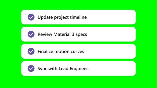 Animated Project Management Checklist with Checkmarks and Strikethrough Text on Green Screen Background