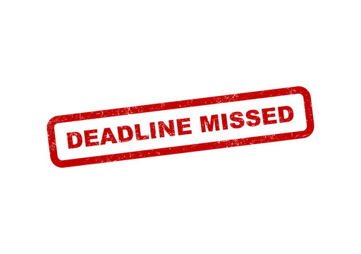 Red ink rubber stamp text with the words deadline missed in a rectangular frame isolated on transparent background