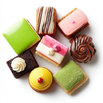 Petit four assortment dessert with icing decorations isolated on a white background