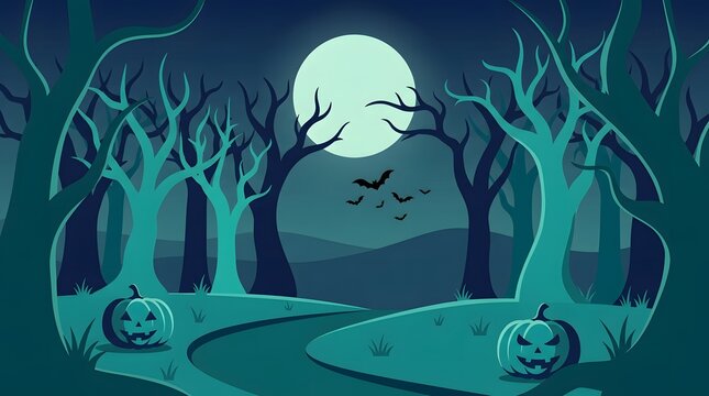 A spooky flat vector halloween background featuring a dark forest with glowing pumpkins a full moon and flying bats