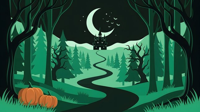 A spooky flat vector halloween background featuring a dark forest path leading to a haunted house under a crescent moon