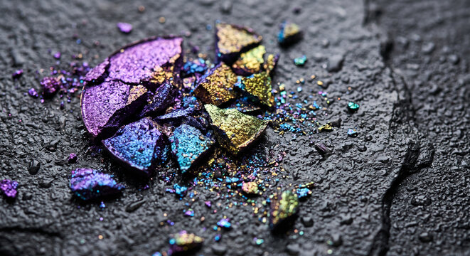 Macro of crushed iridescent purple and gold metallic eyeshadow fragments on dark rough asphalt.