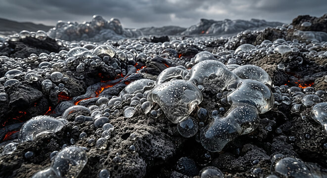Macro of clear glass bubbles forming on dark volcanic rock over glowing orange lava