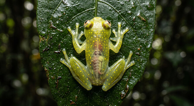 Macro of a translucent glass frog with yellow spots on a wet leaf