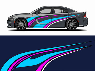 Naklejka premium Gray Sports Car with Colorful Motion Graphics Wrap