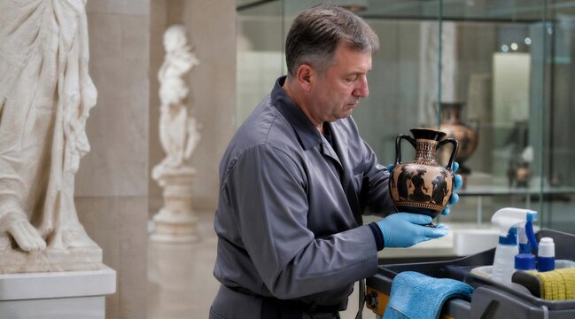 Museum curator examines ancient vase with gloves