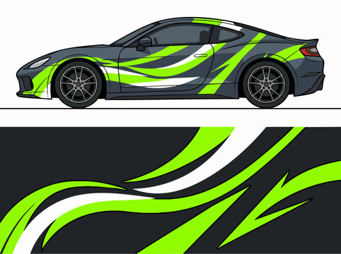 Gray sports car with green racing stripes and decals