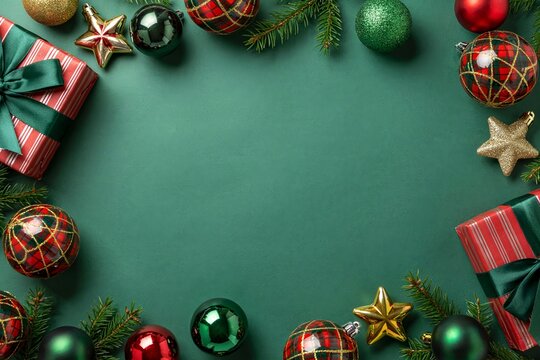 Christmas, festive, frame, ornaments, stars, pine, branches, gifts, ribbons, holiday, seasonal, winter, decor, celebration, background,