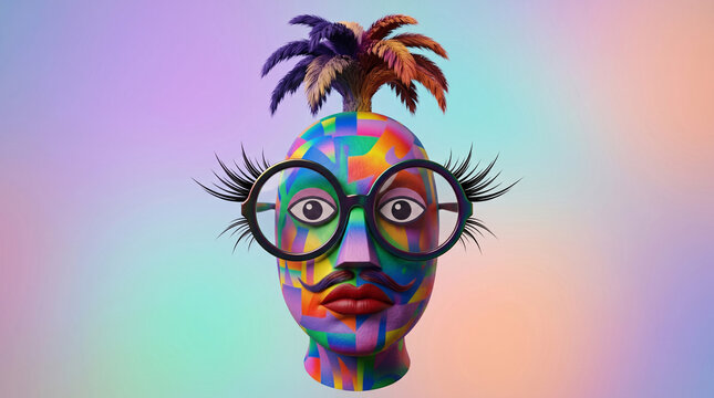 Portrait abstrait color&eacute; d&rsquo;un visage avec lunettes et coiffure v&eacute;g&eacute;tale