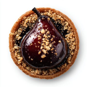 Red wine poached pear tartlet with glossy finish and nut crumps isolated on a white background 