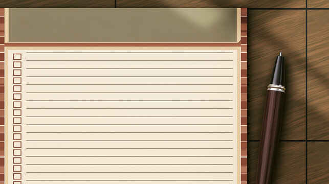 Blank Checklist Notepad Template with Checkboxes and Pen on Dark Wooden Desk