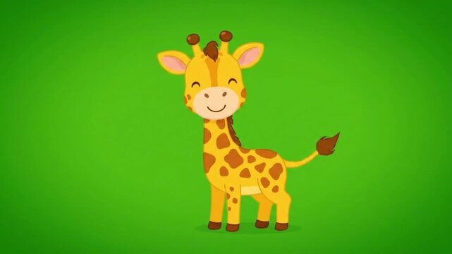 Cute Cartoon Giraffe Standing and Smiling on Green Screen. 4K Video