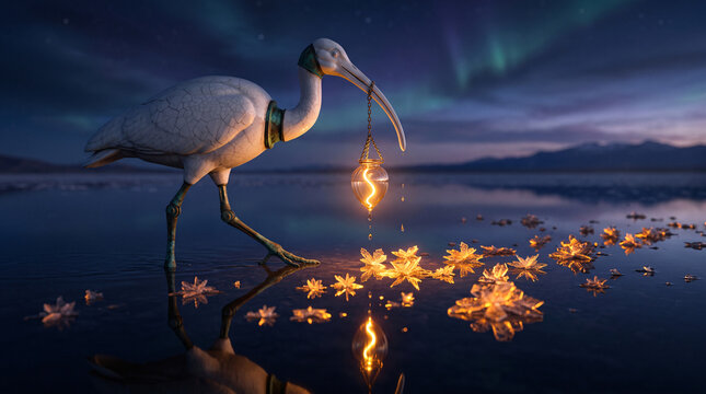 Oiseau m&eacute;canique portant une lanterne lumineuse dans un paysage nocturne