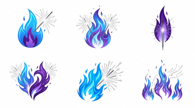 Collection de flammes bleues et violettes stylis&eacute;es