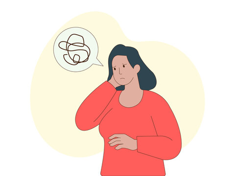 A woman experiencing overthinking, anxiety, and stress, often used to represent emotional overload or mental health disorders. Hopeless illustrations. Flat vector concepts.