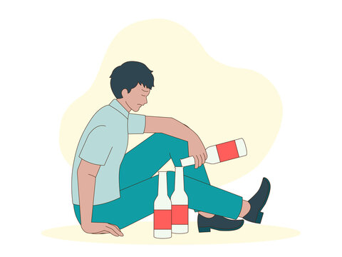 A man appearing intoxicated or suffering from a hangover, showcasing themes of alcohol abuse or addiction. Hopeless illustrations. Flat vector concepts.