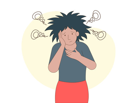 A woman with wild hair, symbolizing stress, mental exhaustion, and overwhelming thoughts. Hopeless illustrations. Flat vector concepts.