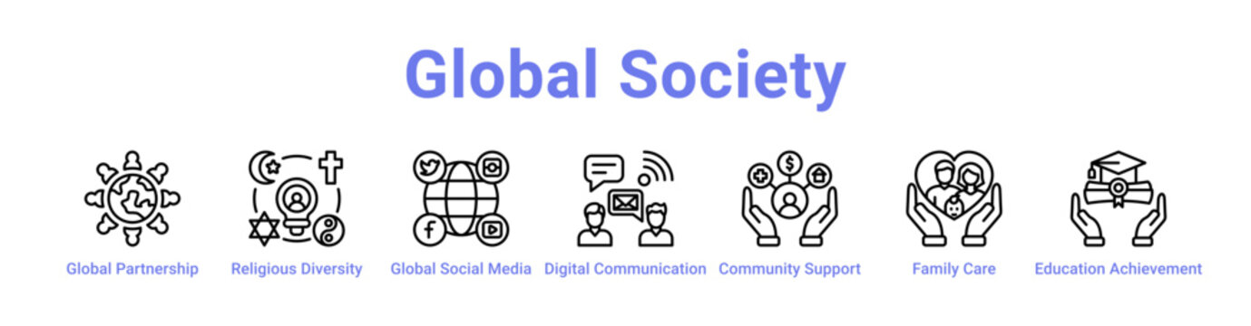 Global Society Web Icon in banner collection with line art collection