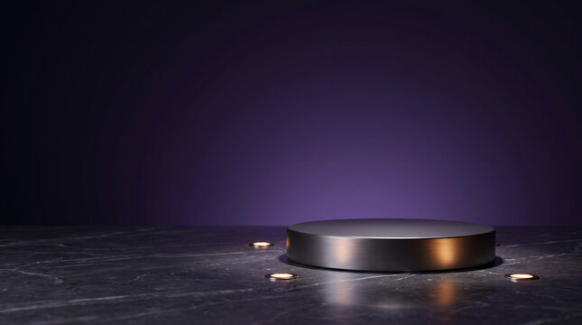 Socle de pr&eacute;sentation rond en m&eacute;tal &eacute;clair&eacute; sur fond violet sombre