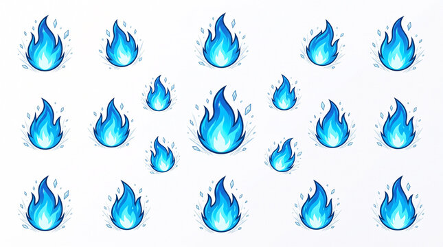 Collection de petites flammes bleues stylis&eacute;es sur fond blanc
