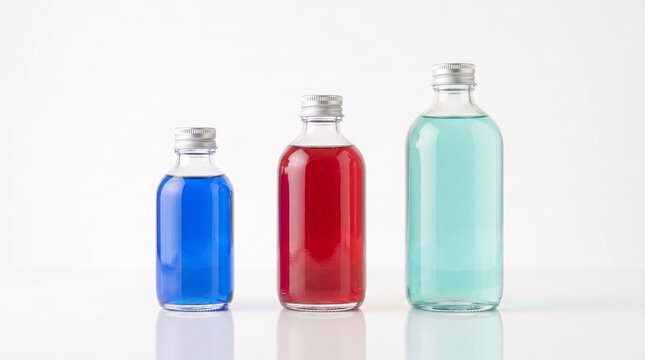 Trois petites bouteilles remplies de liquides bleu, rouge et turquoise