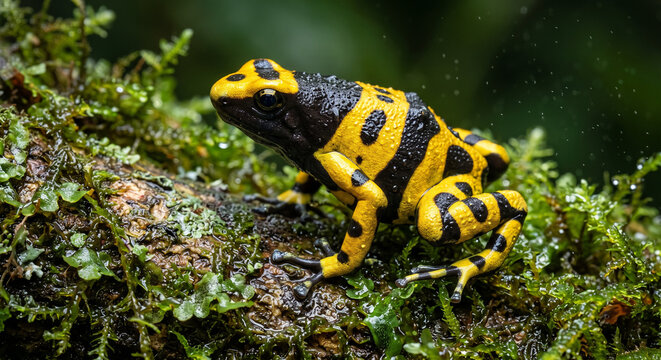 Macro shot of a yellow and black banded poison dart frog resting on wet green moss