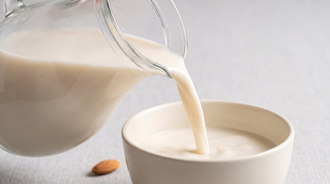 Lait frais vers&eacute; dans un bol sur fond clair