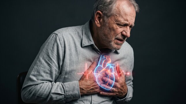 A senior man clutches his painful chest during a heart attack.