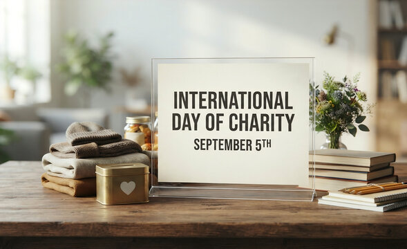 International Day of Charity Sign on Wooden Table September 5th