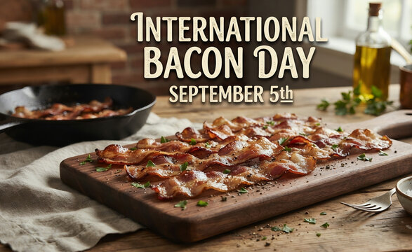 International Bacon Day Crispy Strips on Wooden Board September 5th
