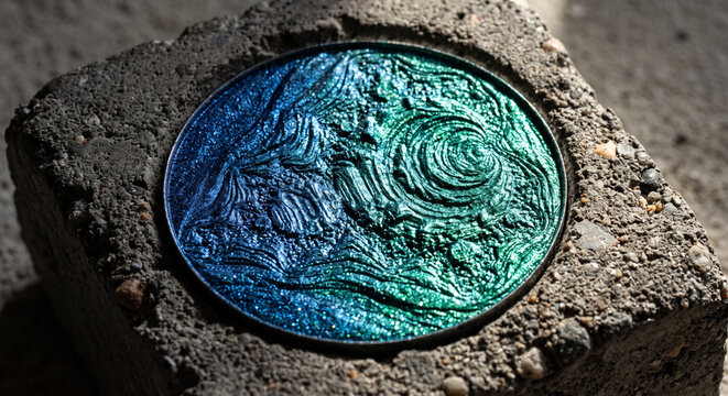 Deeply embossed iridescent blue and green color-shift makeup pan on stone.