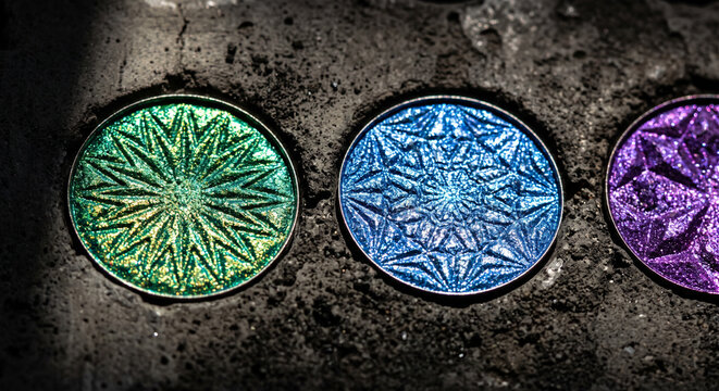 Intricate green and blue geometric embossed eyeshadow pans on rock.
