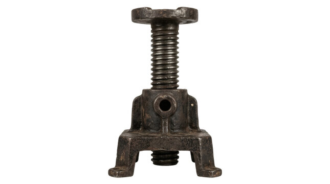 Antique cast iron mechanical screw jack lifting tool isolated on white background.