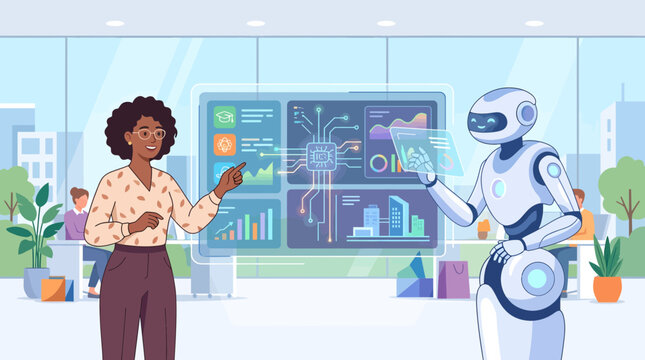 Diverse team collaborating with AI robot on futuristic data analytics screen, concept for technological innovation, business intelligence and digital transformation in modern office