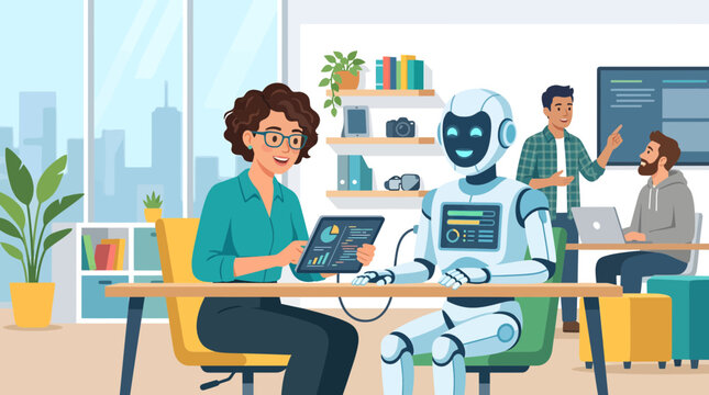 Modern office collaboration with a woman and robot using tablets, showcasing AI integration and futuristic teamwork, ideal for technology, business, and innovation concepts.