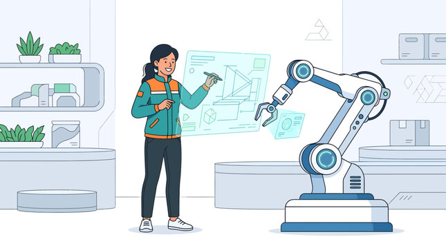 Modern Female Engineer Interacting with Robotic Arm via Holographic Interface, Concept for Automation and Future Manufacturing, Industrial Innovation and Smart Factory Design