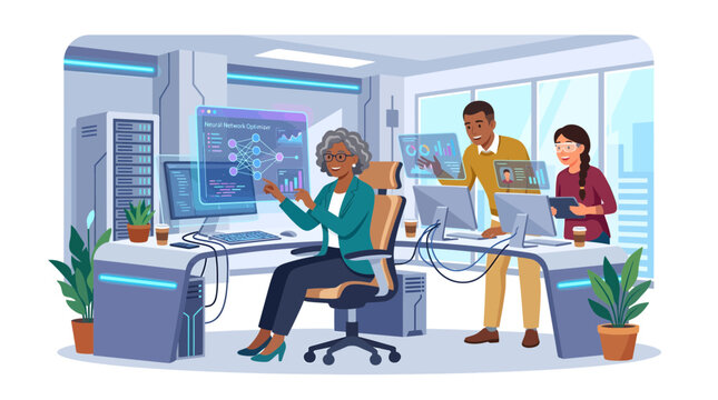 Diverse team collaborating in futuristic office with holographic displays, concept for technology innovation, data analysis and modern workplace.