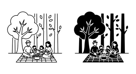 Family Picnic in Forest, Outdoor Leisure, Nature Scene, Black and White Vector Illustration