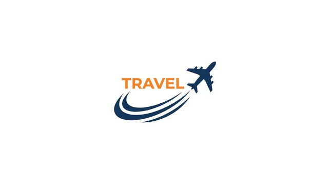 Animated graphic of airplane taking off with swooshing lines and the word TRAVEL, motion graphics